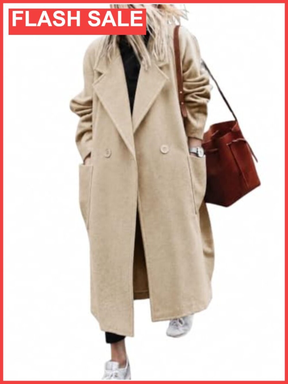 Long Wool Blend Trench Coat Notch Lapel Peacoat